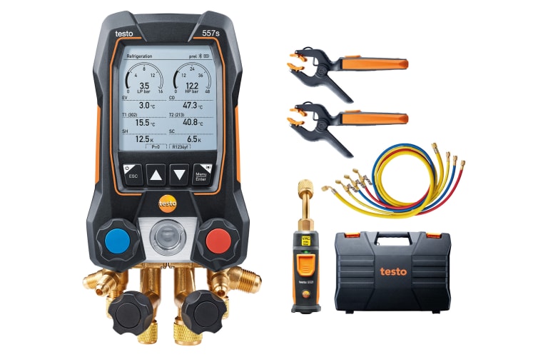 testo 557s Kit Smart Vácuo com mangueiras - Manifold digital inteligente com sondas de temperatura de vácuo e braçadeira sem fio e conjunto de enchimento de mangueira com 4 mangueiras