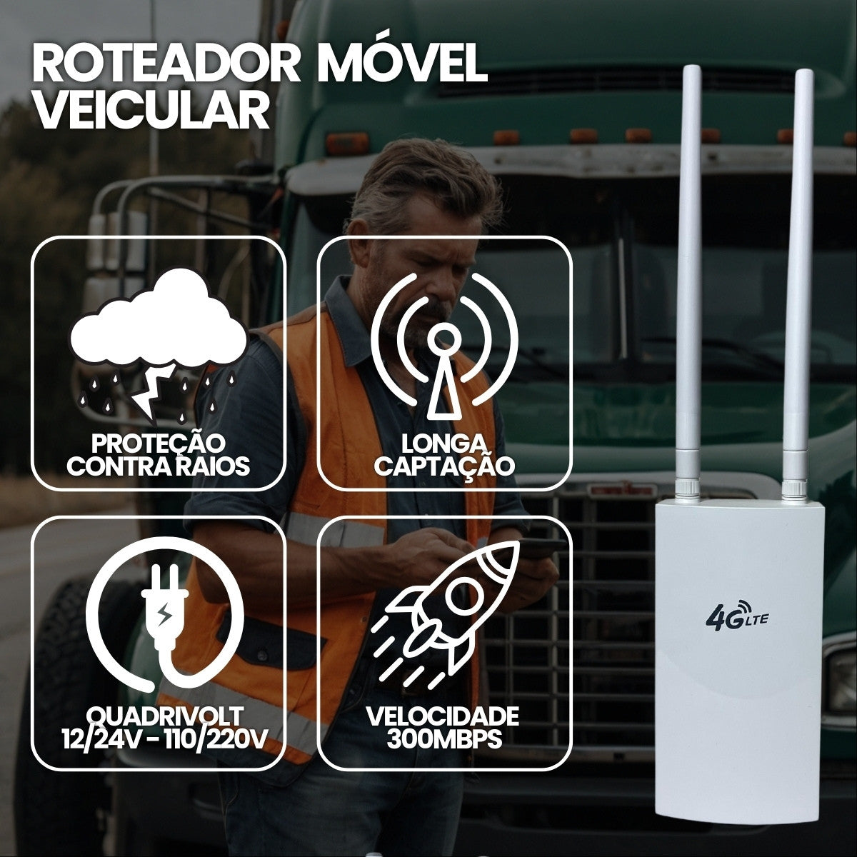 Roteador Portátil 4G Veicular 12 /24V 110/220V Wi-fi Internet