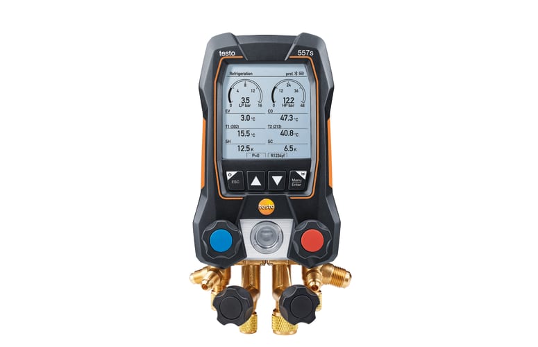 testo 557s Kit Smart Vácuo com mangueiras - Manifold digital inteligente com sondas de temperatura de vácuo e braçadeira sem fio e conjunto de enchimento de mangueira com 4 mangueiras