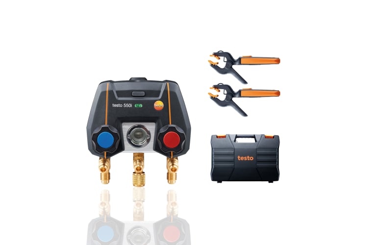 testo 550i Smart Kit - Manifold digital controlado por aplicativo com sondas de temperatura de pinça sem fio (NTC)