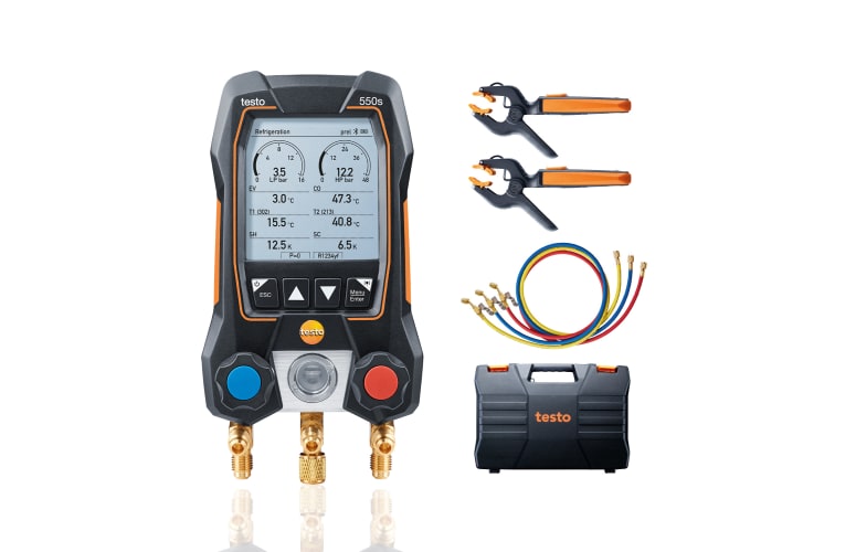 testo 550s Smart Kit com mangueiras - Manifold digital inteligente com sondas de temperatura de pinça sem fio e conjunto de 3 mangueiras